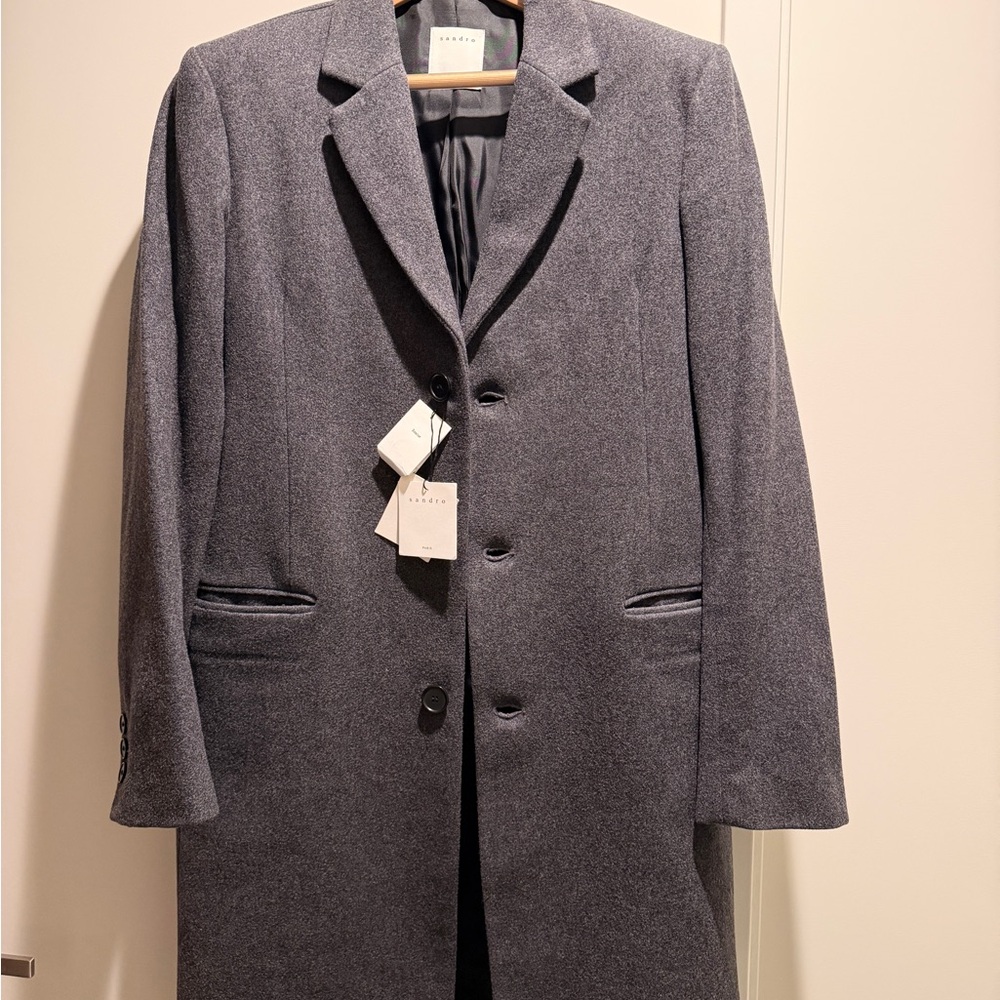 New Sandro Paris Charcoal Grey Wool Coat